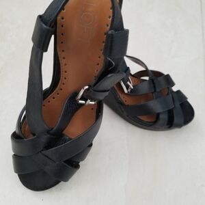 Black Leather Wedge Strappy Sandals from Ann Taylor